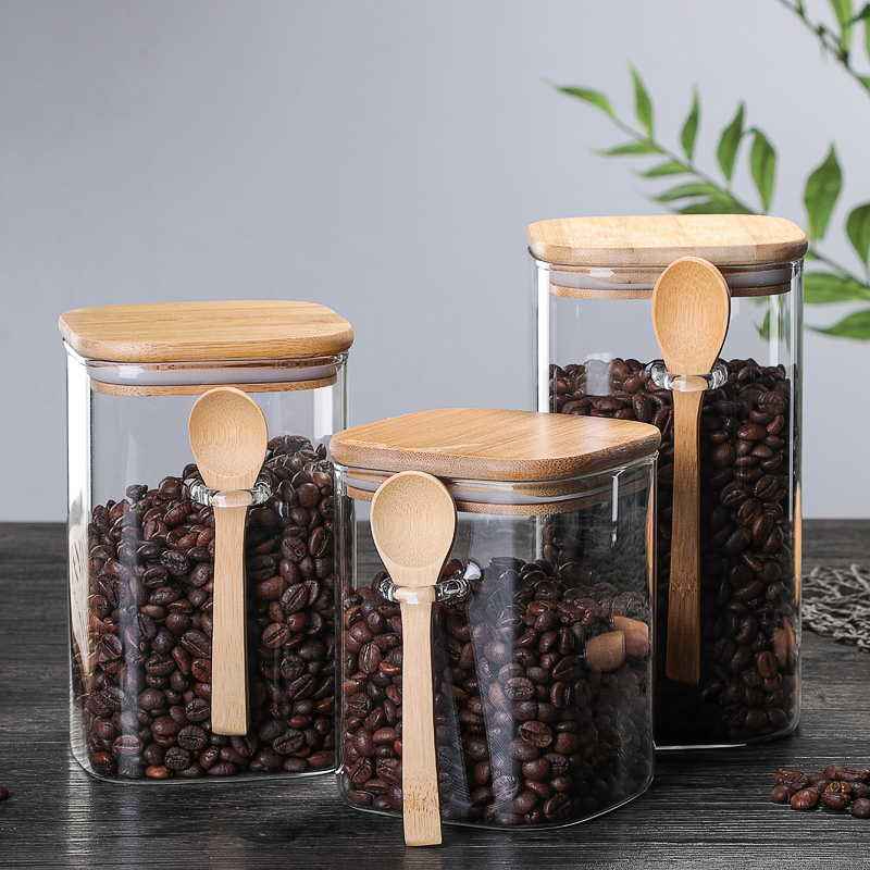 日式風格玻璃密封罐帶木勺可儲存咖啡豆和廚房食品多種尺寸可選 (4.6折)