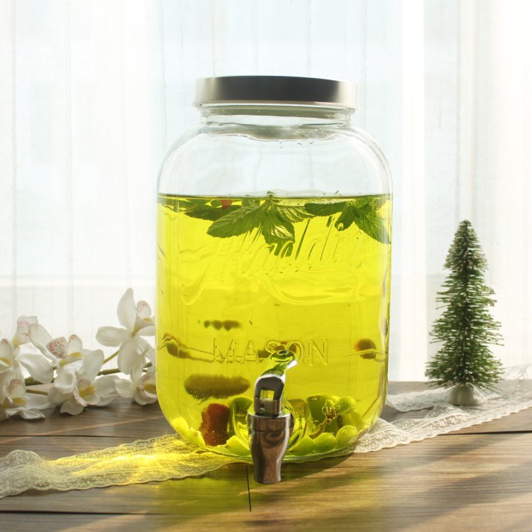 手動按壓出水4升mason jar帶水龍頭玻璃果汁罐飲料酵素桶 (8.3折)