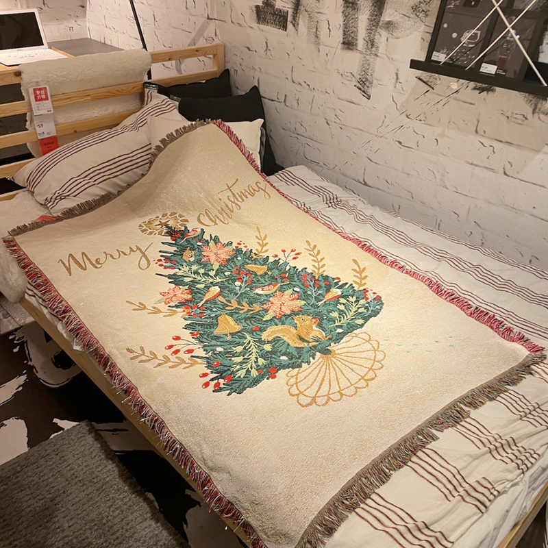 北歐風格聖誕掛毯 松鼠松樹圖案針織毯子 90150cm 戶外室內帳篷裝飾用