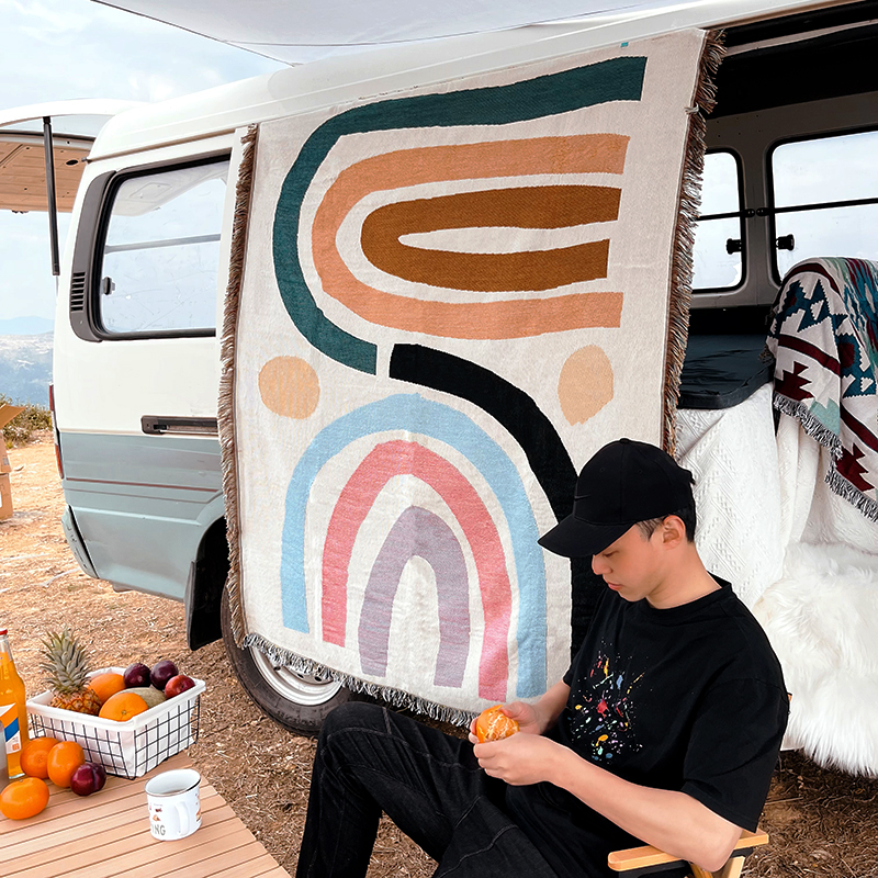 簡約現代多彩幾何圖案 戶外露營拍照沙發單人巾