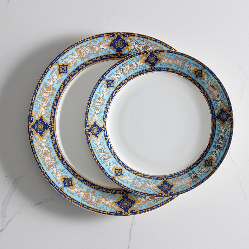 歐式創意骨瓷餐盤巴洛克風格金色鑲邊8英寸平盤送餐具擺臺擺件 (0.8折)