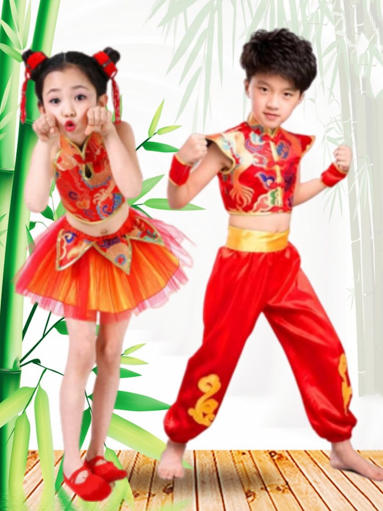 兒童民族舞蹈開門紅打鼓腰鼓服裝幼兒肚兜龍舟比賽表演服中國風範