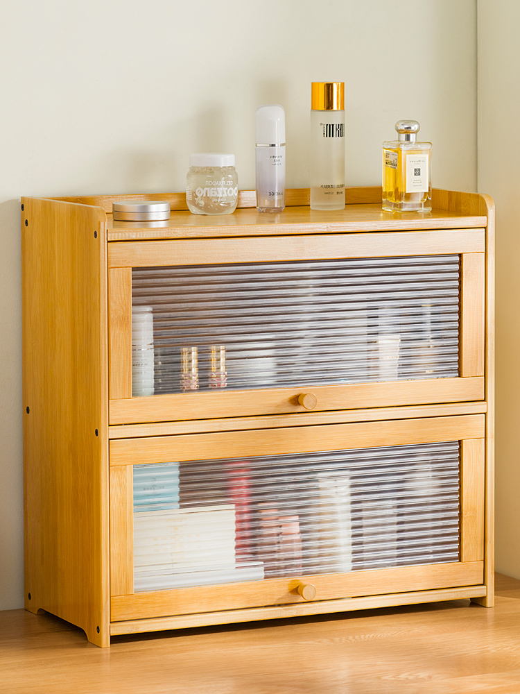 簡約竹製桌面收納盒 茶具展示櫃 廚房餐具化妝品儲物櫃 防塵多層置物架