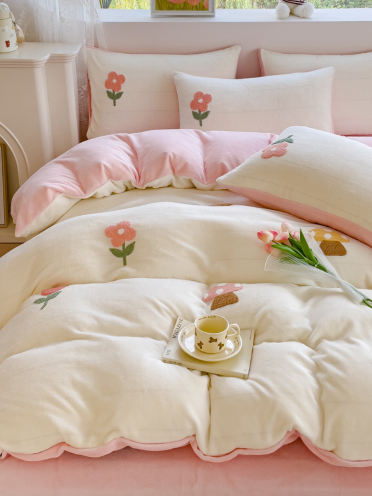 簡約可愛圖案繡花四件套 法蘭絨被套罩床單床笠