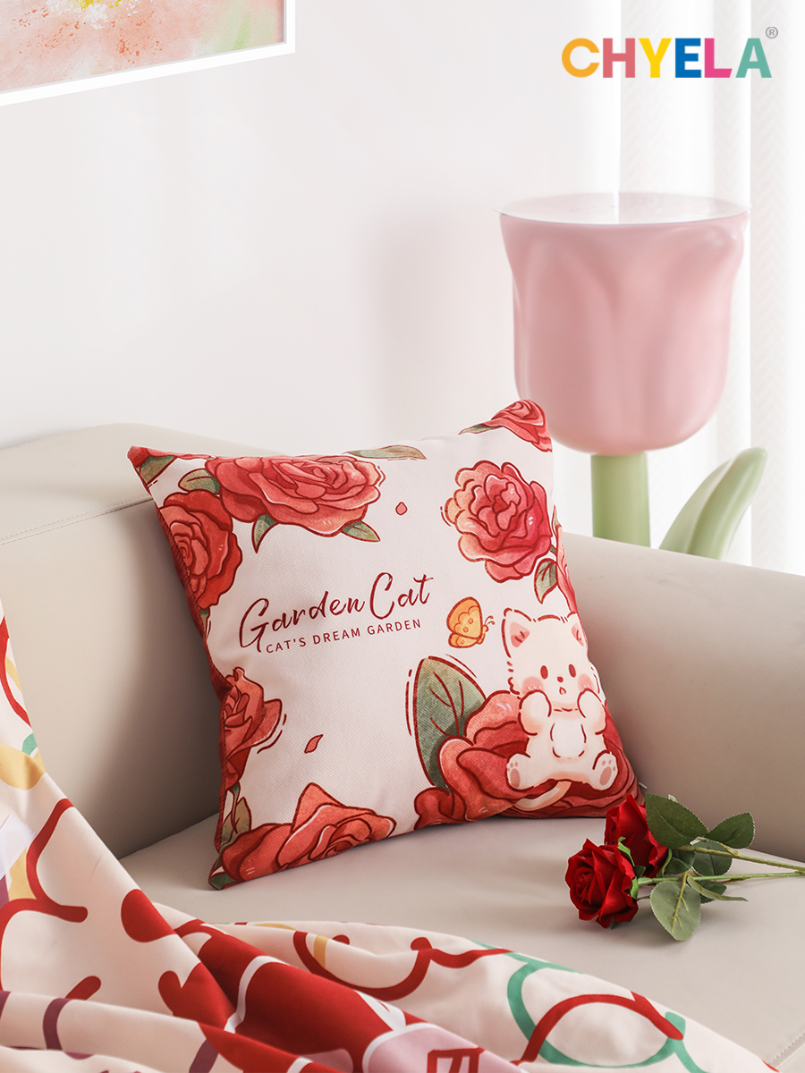 簡約現代風玫瑰貓抱枕 沙發床頭靠枕靠墊 方形抱枕套 chyela採繹來
