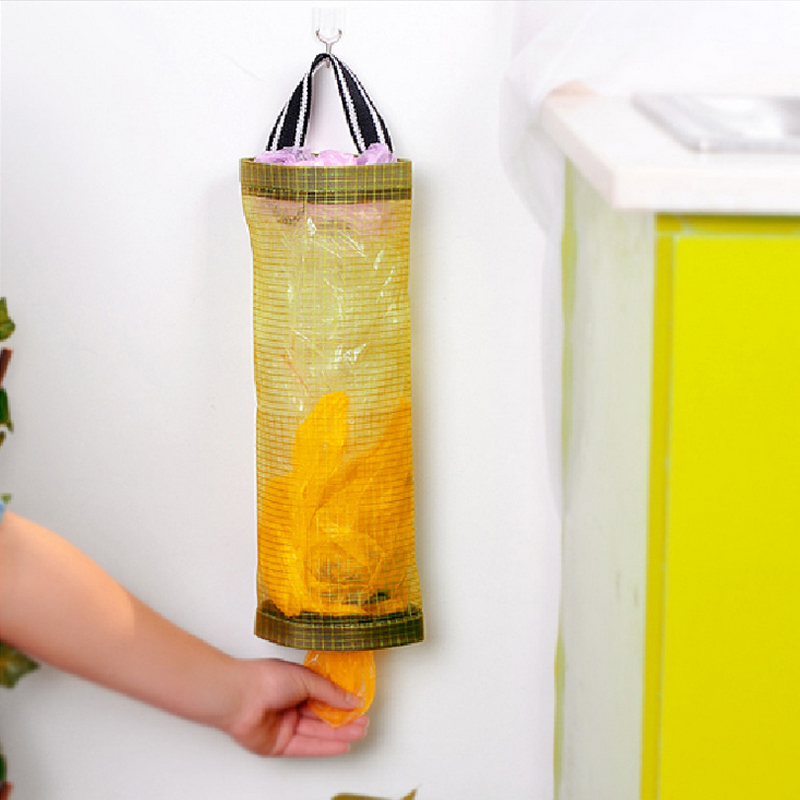 廚房壁掛抽取式垃圾袋收納袋 透明網格可懸掛式