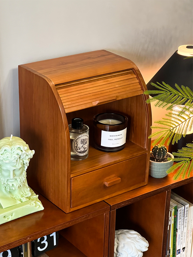 復古實木化妝品收納盒 臺上捲簾木抽屜桌面小置物櫃