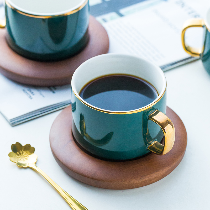 歐式奢華咖啡杯配木底座送勺陶瓷水杯花茶杯