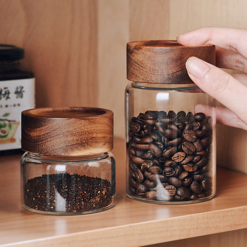 簡約時尚相思木蓋玻璃密封罐保存茶葉咖啡豆保鮮咖啡粉