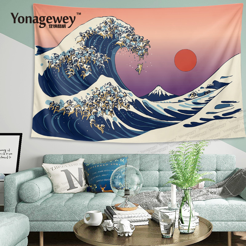 日式浮世繪海洋風pug八哥犬寵物壁毯臥室宿舍牆布裝飾背景圖掛布
