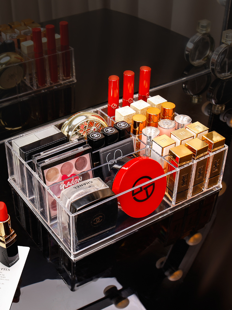 透明壓克力化妝品收納盒 桌面多格梳妝檯置物架 口紅眼影粉餅盒