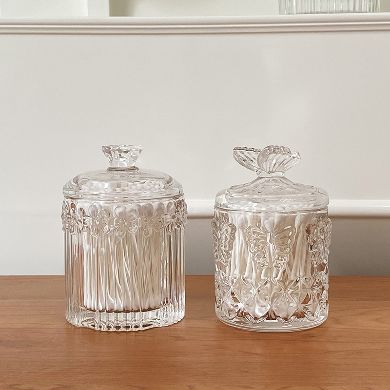 ins復古玻璃儲物罐浮雕花紋帶蓋收納桌面裝飾擺件