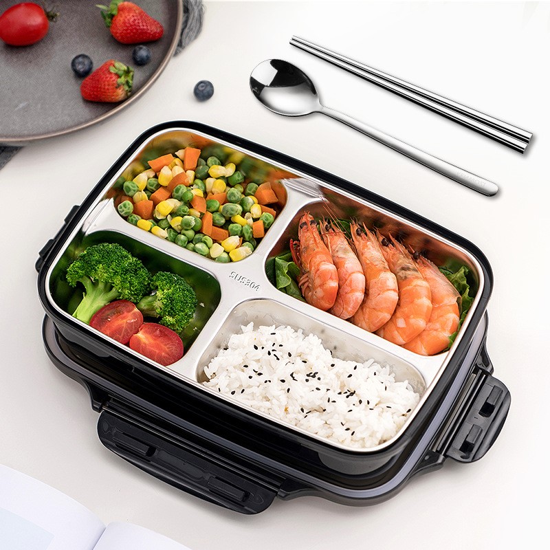 日式風格兒童四格便當盒304不鏽鋼附湯碗和保溫袋適合學生或上班族攜帶午餐 (6.3折)