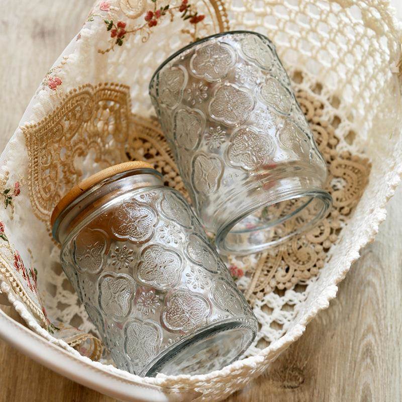 中式海棠花浮雕玻璃儲物罐 密封罐茶葉罐糖果罐