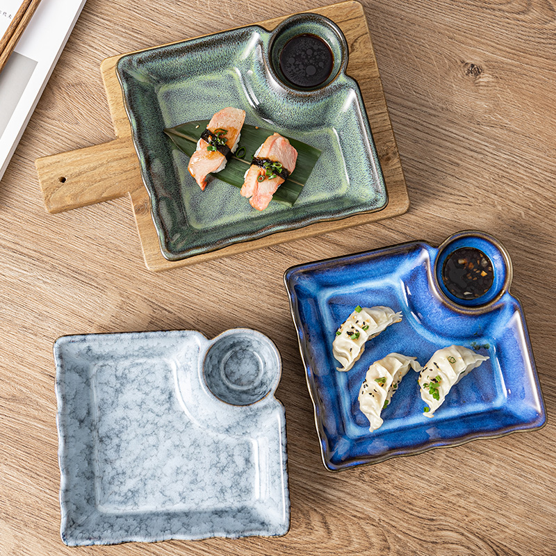日式復古陶瓷四方餃子盤 帶醋碟薯條盤 小吃盤 家用蝦盤子專用
