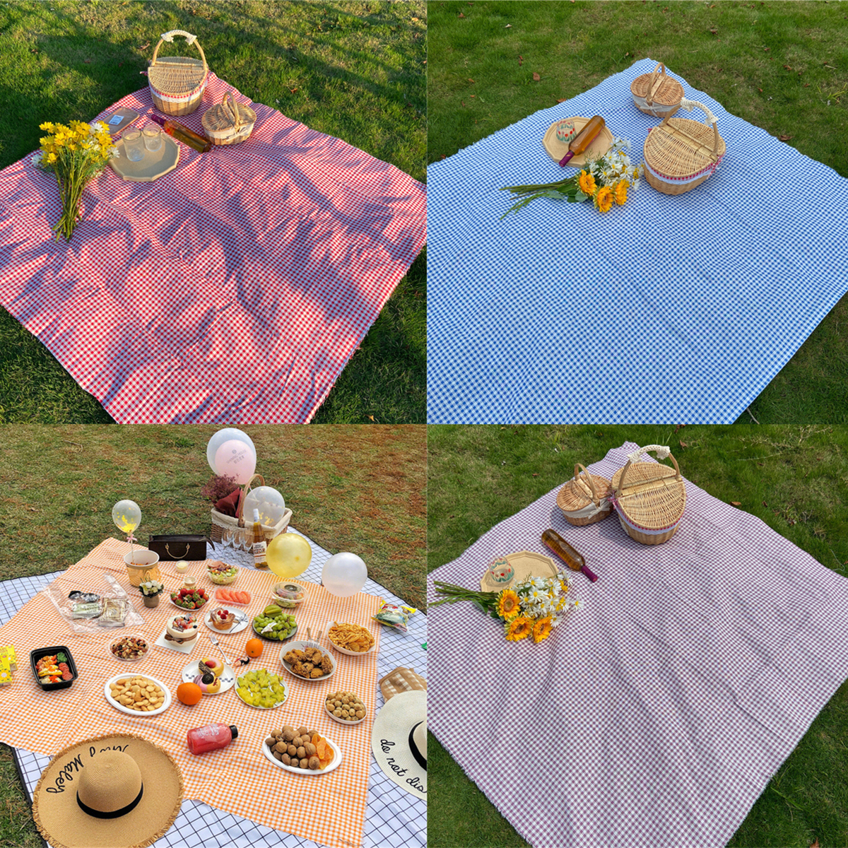 ins風 紅色桔色紫色藍色格子野餐佈桌佈地攤佈棉麻材質拍照戶外墊