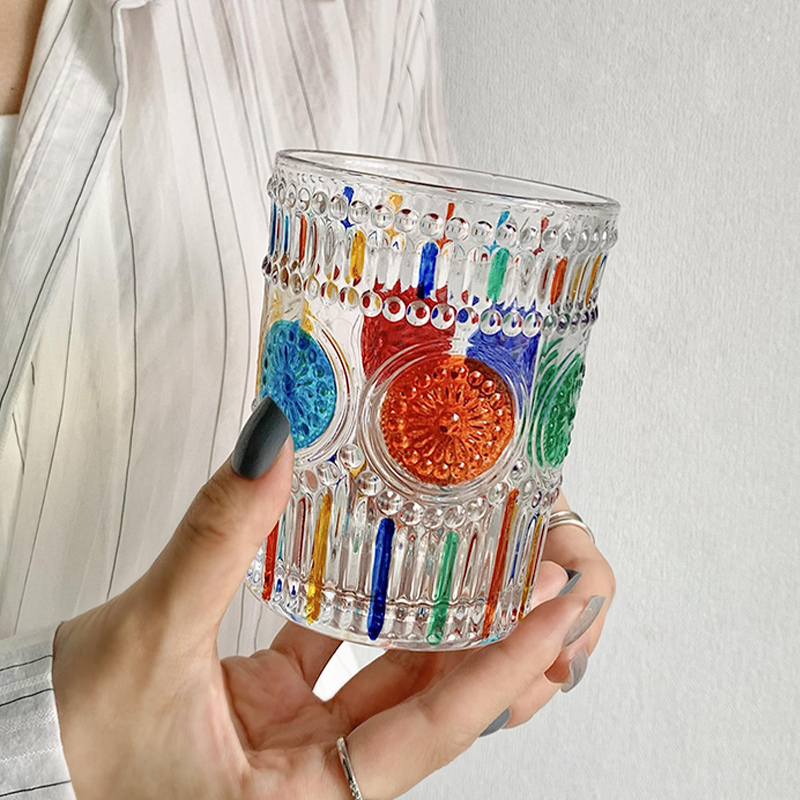 復古風手繪彩虹太陽花玻璃杯 高顏值ins浮雕居家客廳喝茶咖啡杯