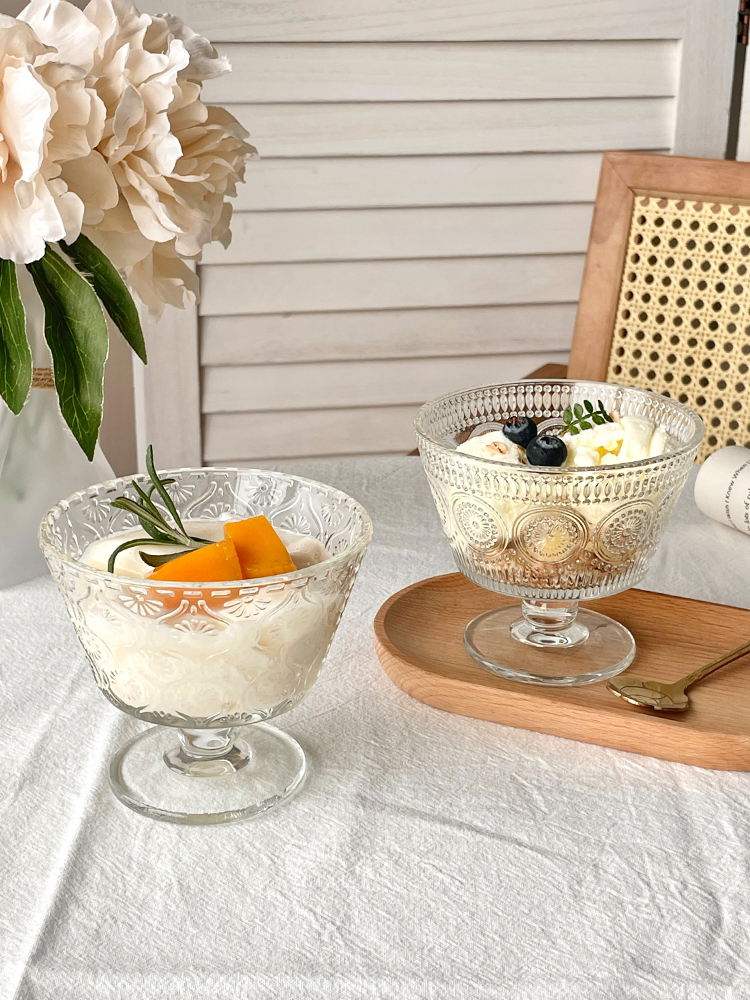復古浮雕花卉玻璃碗255ml220ml小清新風格適合冰淇淋酸奶甜品