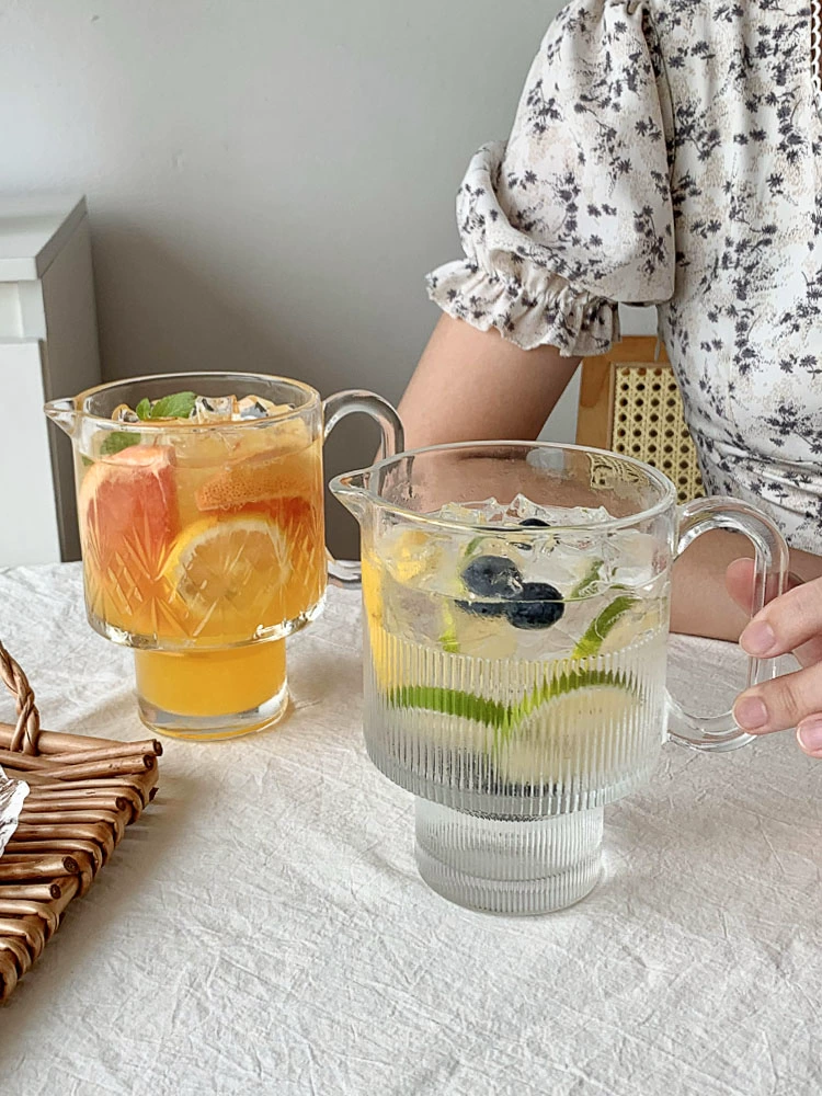 韓風ins可疊網格透明水果茶玻璃杯帶把手喝水泡果汁冷飲杯