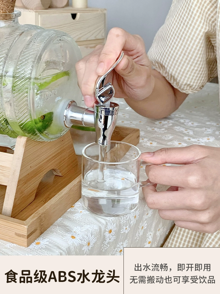 帶龍頭果茶冷水壺玻璃瓶帶木架水果茶飲料桶家用密封容器可樂桶 (5.2折)