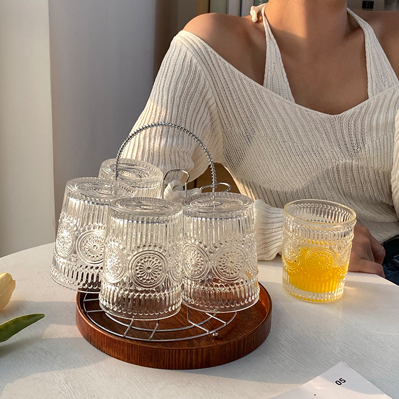 ins風北歐小清新玻璃杯套裝 高顏值太陽花圖案牛奶咖啡杯家用商用