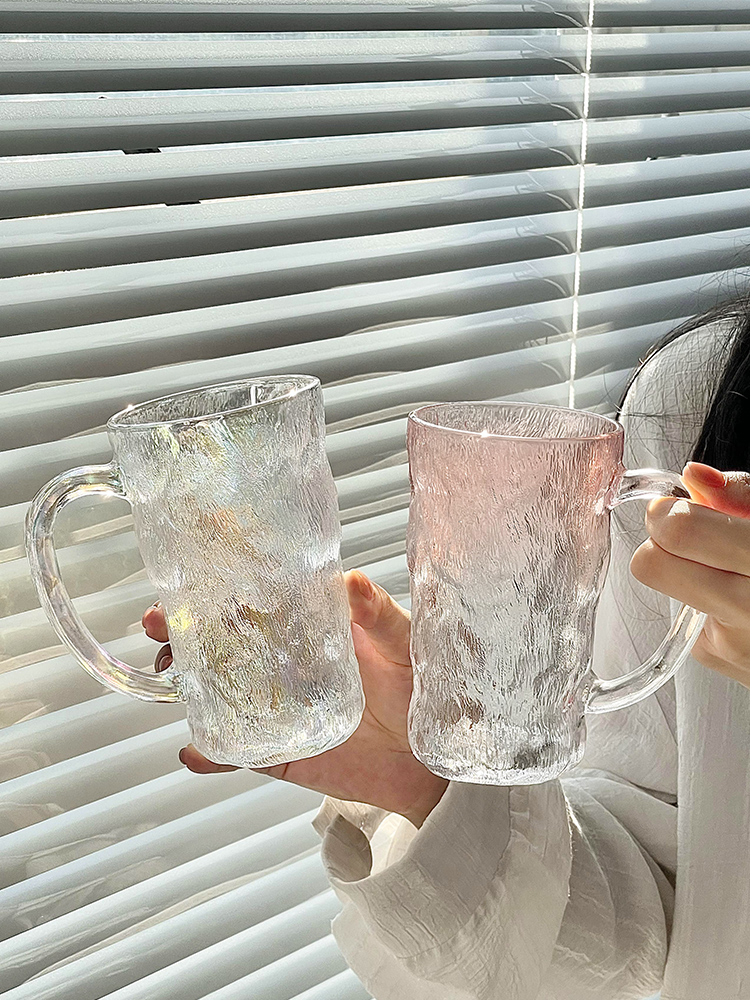北歐風磨砂冰川紋彩色玻璃杯 高級家用飲料杯 帶手柄商用果汁杯