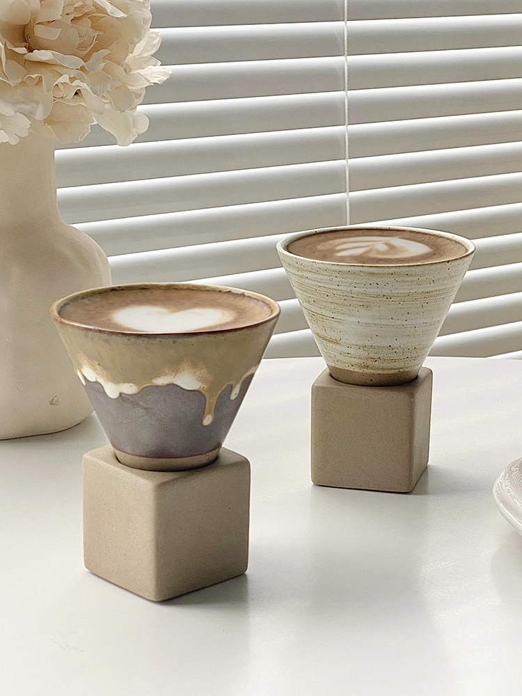 手工復古粗陶咖啡杯 日式創意陶瓷漏斗狀拿鐵拉花杯