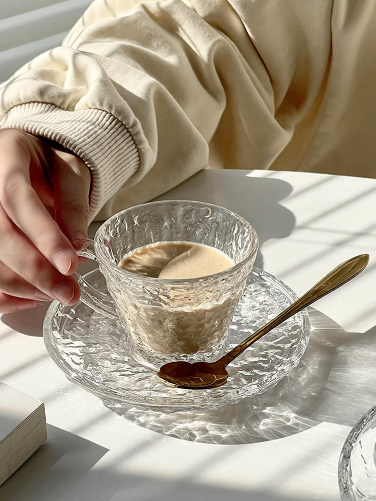 北歐風玻璃水杯 帶手柄咖啡杯碟套裝 透明冰川下午茶拿鐵杯子