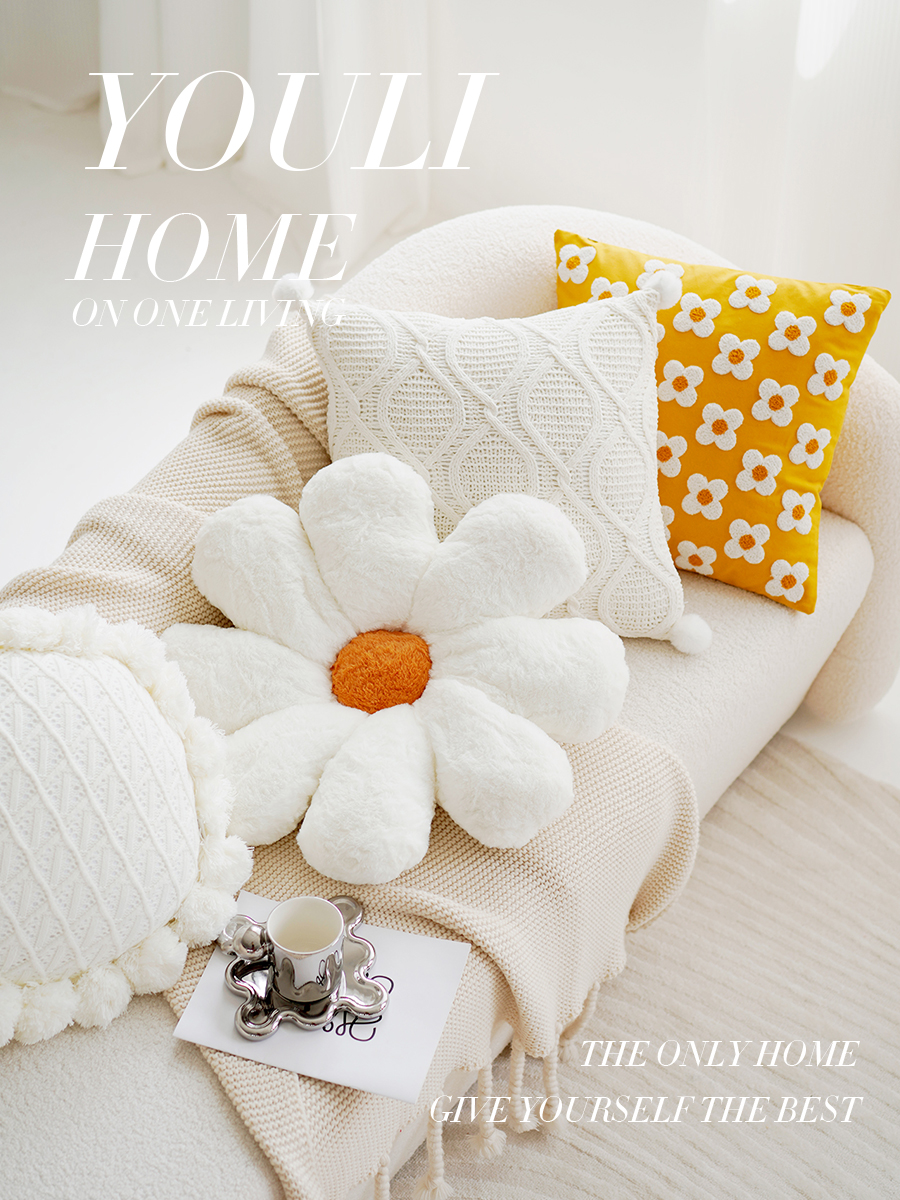 簡約現代風格兔毛絨太陽花抱枕套少女靠墊沙發坐墊花朵可愛飄窗靠背蒲團