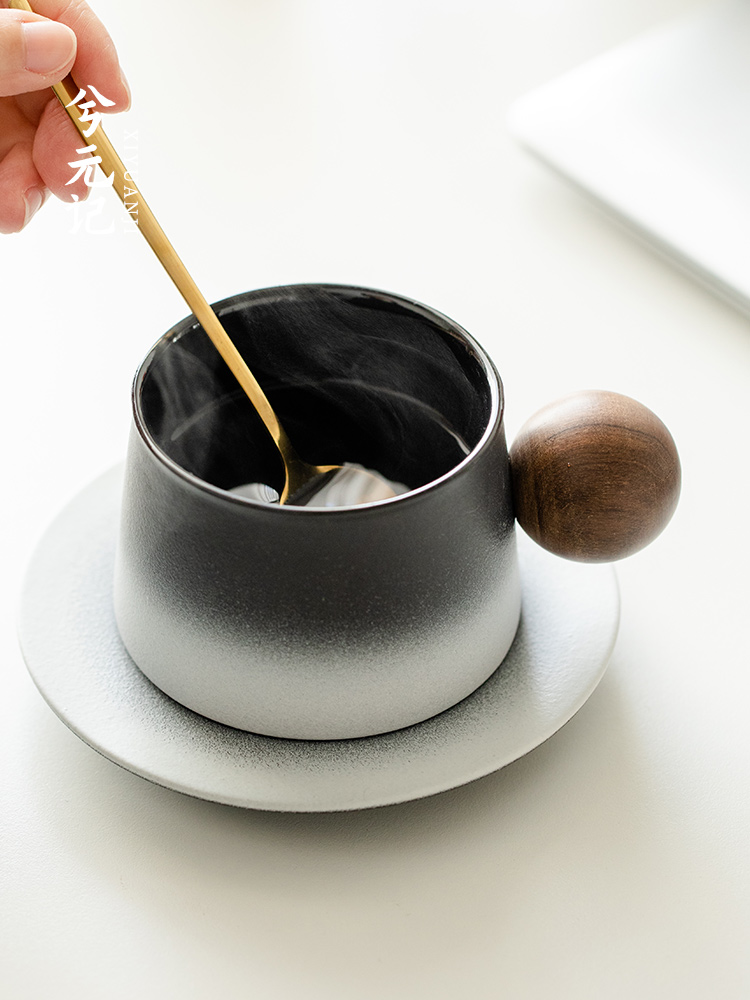 日式復古風陶瓷咖啡杯碟套裝創意木球柄設計感高檔精緻送勺子