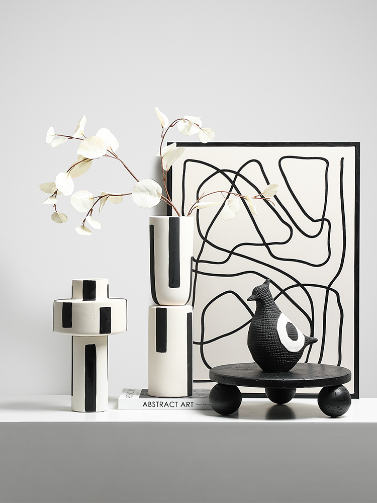 黑白條紋陶瓷花瓶 簡約現代居家客廳裝飾擺件