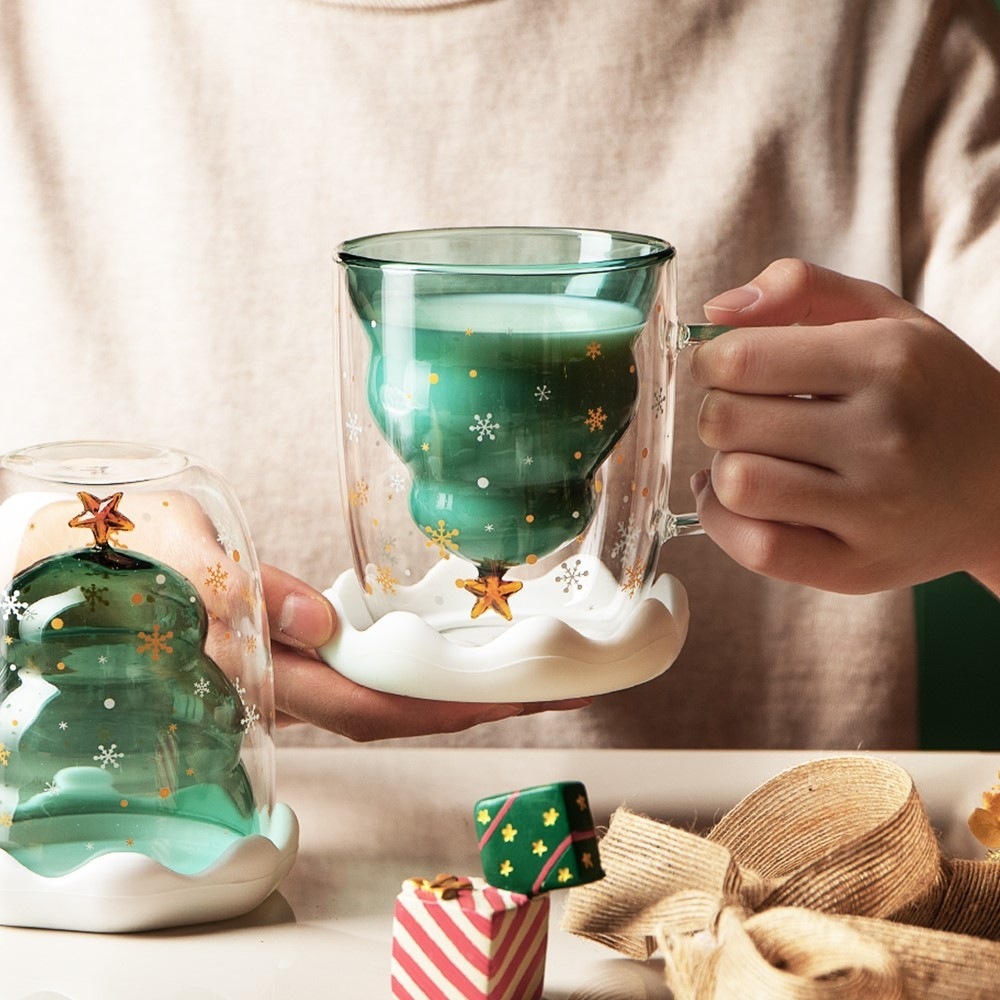 聖誕節主題雙層玻璃水杯 精美禮品 可愛卡通造型帶蓋