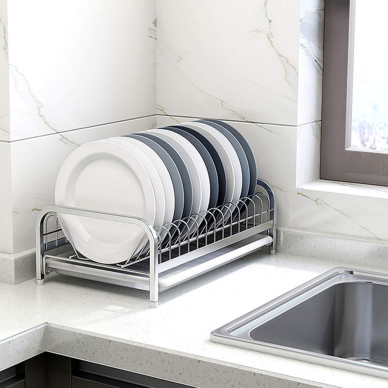 304不鏽鋼單層免打孔瀝水碗架 廚房中式風碗盤置物架