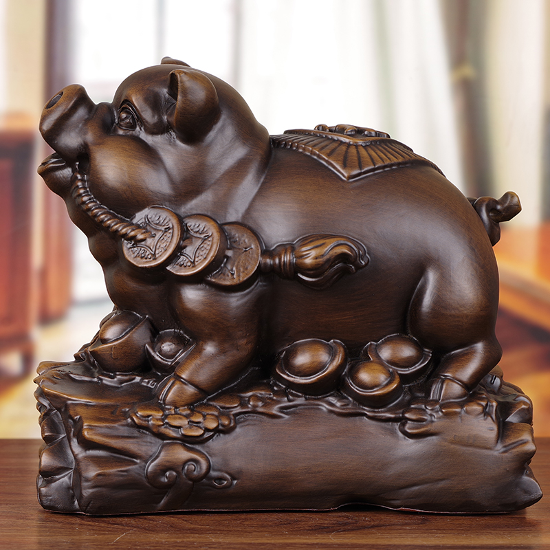 精緻木雕豬擺件 工藝品裝飾 福豬雕像生肖豬擺放 客廳玄關裝飾品