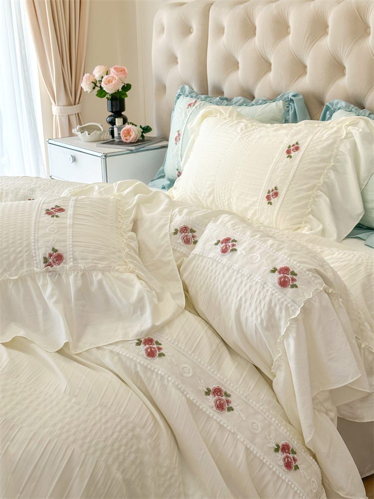 仙氣公主風泡泡紗床四件套 荷葉邊白色被套三件套 床笠床單可選