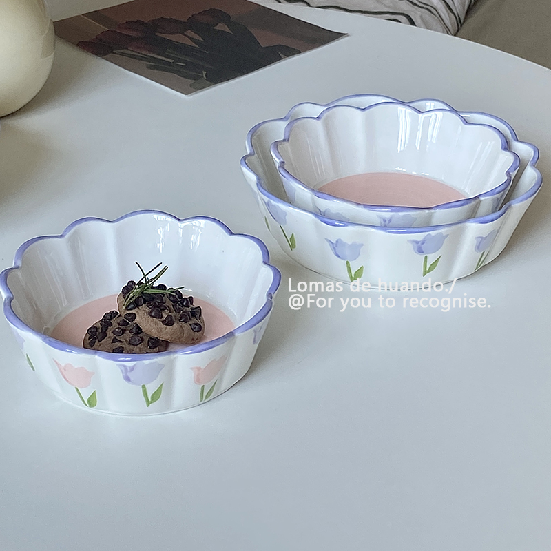法式風格瓷碗釉下彩植物花卉圖案適合早餐麥片水果沙拉