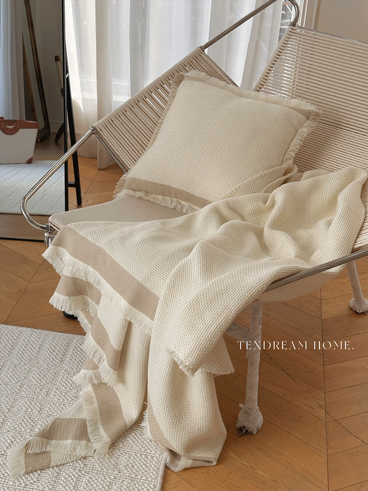 簡約流蘇沙發抱枕靠墊套高級感素白織花侘寂風蓋毯