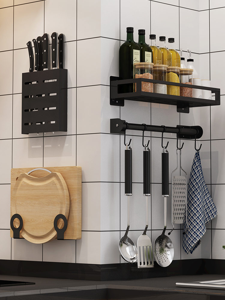 黑色不鏽鋼廚房壁掛架免打孔筷子砧板刀具調味料收納架