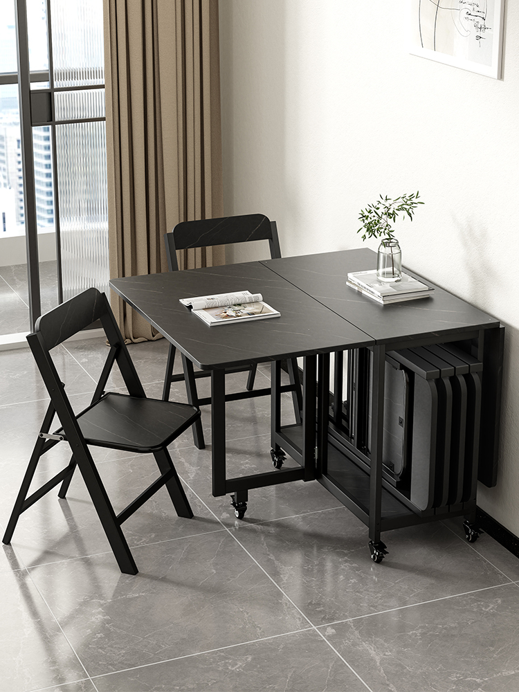 簡約現代風摺疊桌 碳鋼框架 可移動 省空間 小戶型家用長方形飯桌