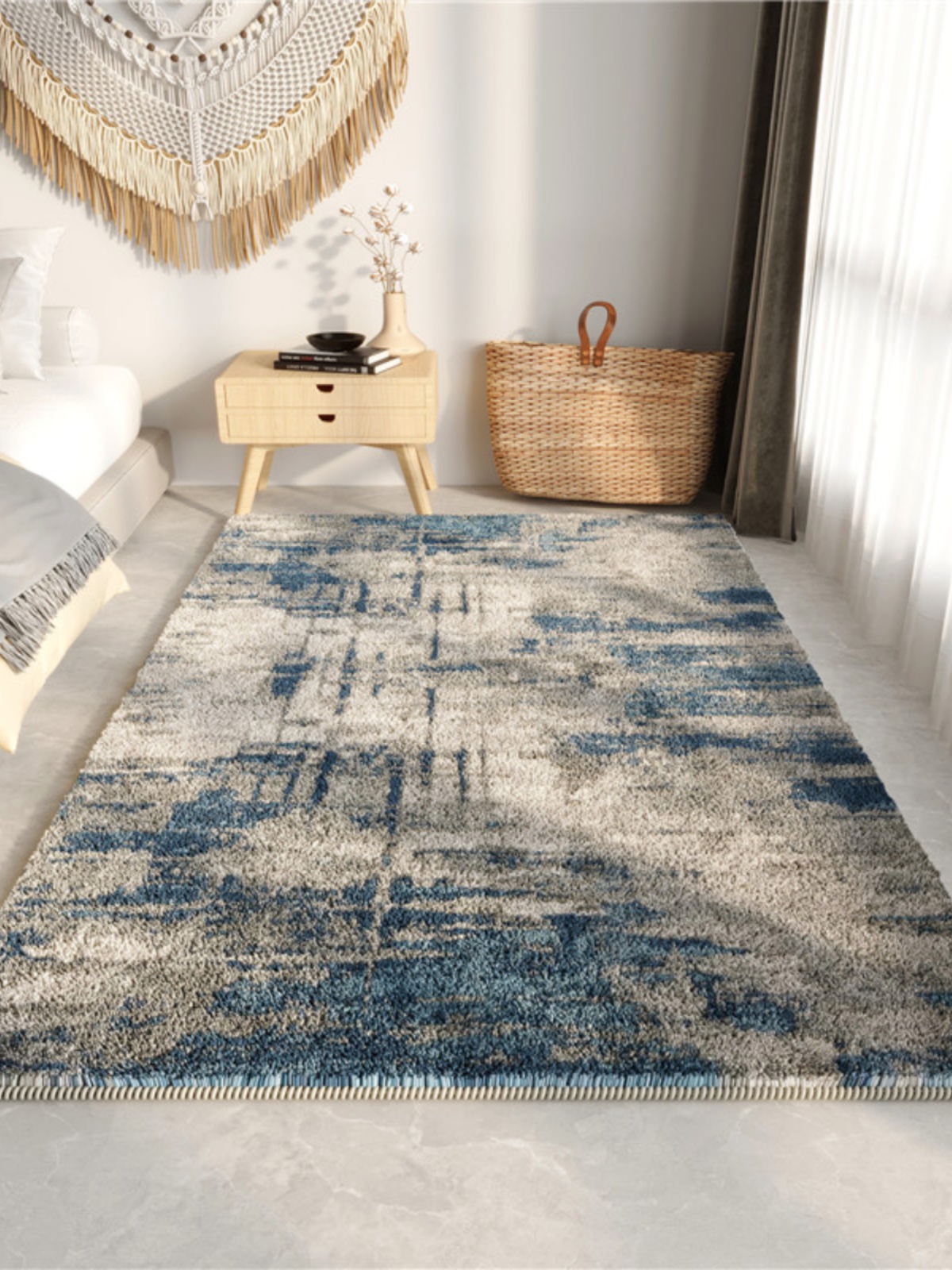 臥室床邊地毯 輕奢絨毛地墊 免打理床頭地毯 簡約花紋床尾毯