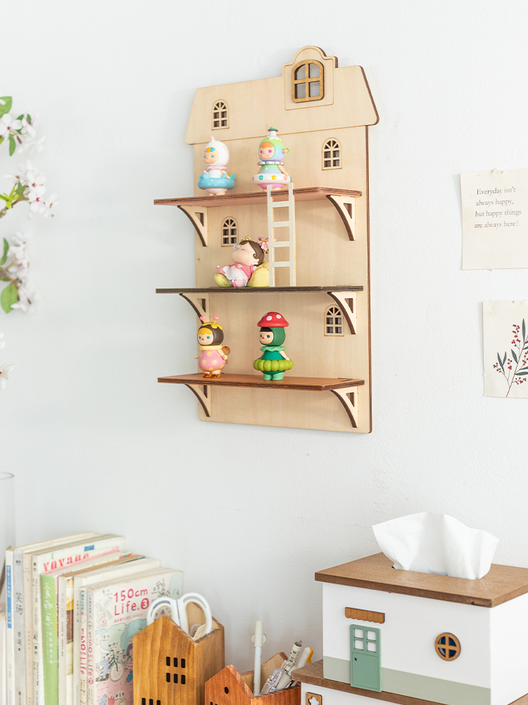 阿楹 藝術隔板兒童房牆麪置物架木餐邊多層玩具盲盒擺件收納展示