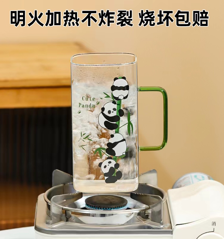 夏日熊貓印花玻璃杯 造型方杯 耐熱水杯 吸管杯 (5.4折)