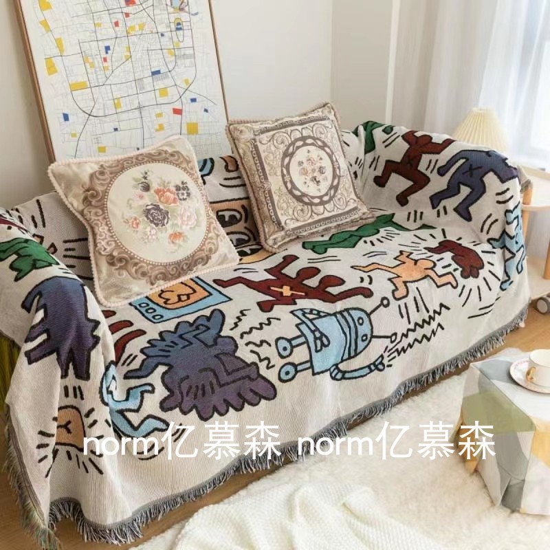 美式沙發蓋布輕奢塗鴉線毯休閒復古蓋巾棉麻沙發墊