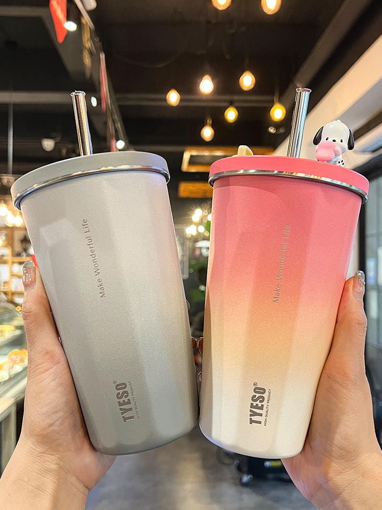 韓式漸變色咖啡杯保溫杯 不鏽鋼水杯 吸管蓋 女生學生辦公室杯子