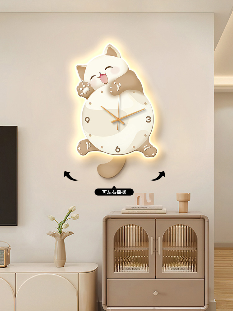 貓咪創意時鐘客廳背景牆裝飾鐘錶免打孔靜音搖擺掛鐘