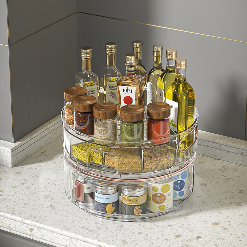 北歐風格雙層旋轉調味料架透明收納盒廚房瓶罐擺放架