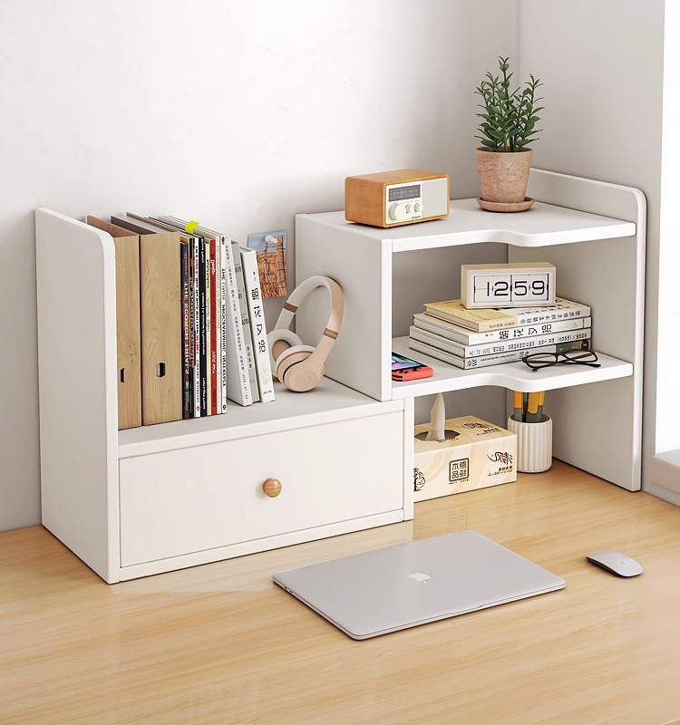 可伸縮辦公室桌上多層拐角小型家用簡易書櫃 書架木色 暖白色