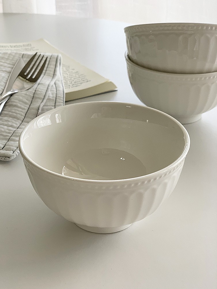 安木良品 外貿原單 法式輕奢羅馬浮雕白色陶瓷家用餐厛麪碗米飯碗