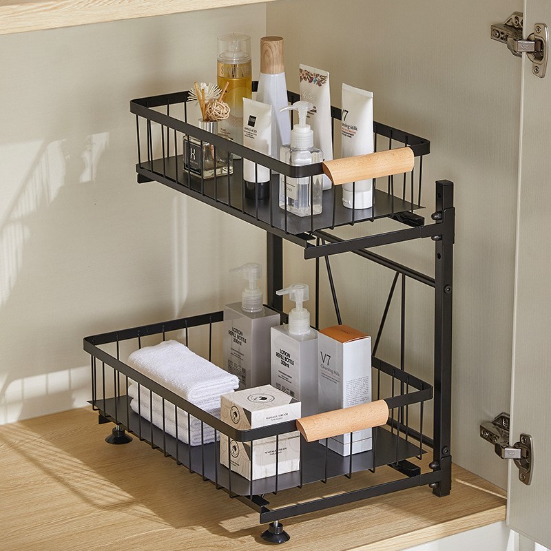 簡約風格水槽置物架 黑色上籃可調節高度 家用廚房下水槽收納架