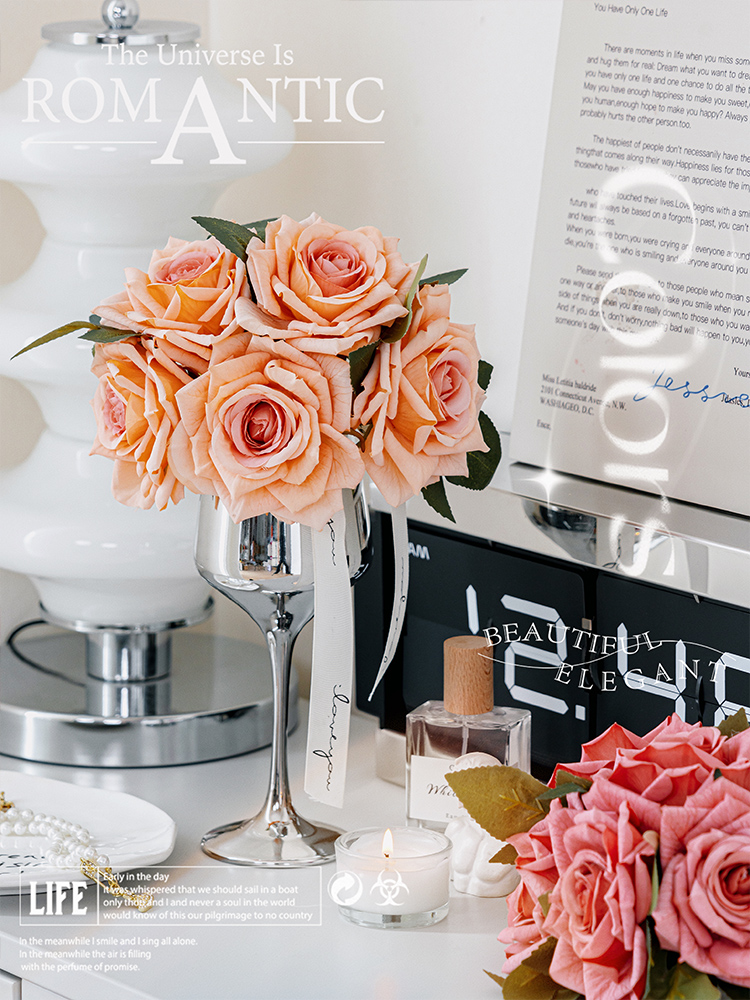 浪漫歐式風情卡布奇諾玫瑰高腳杯仿真花擺件營造優雅高端居家氛圍